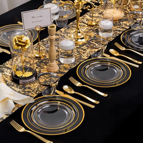 WELLIFE Clear Plates with Gold Trim 600-Piece Party Dinnerware Set - Service for 100, Includes Plates and Silverware, Variation: Clear Gold/600