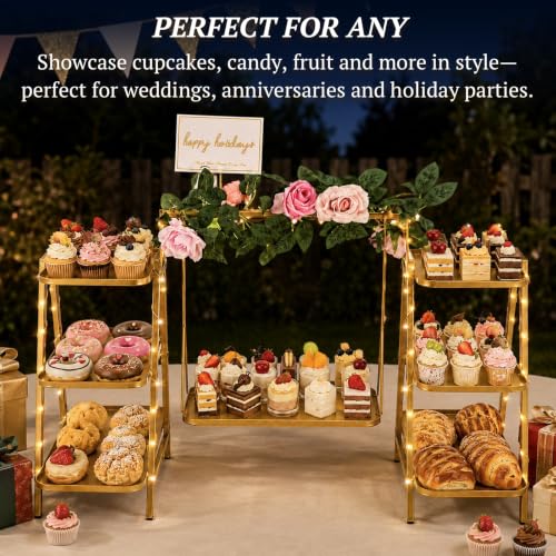Gold 3-Tier Cupcake Stand with Fairy Lights & Flower Garland for Parties
