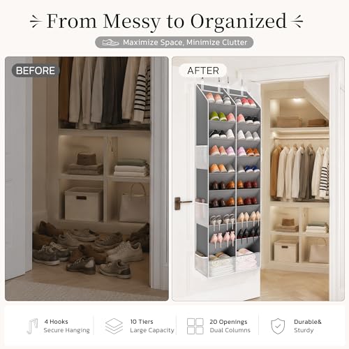 Criusia Gray Over the Door Shoe Organizer - 20-30 Pairs, 10-Tier Hanging Storage