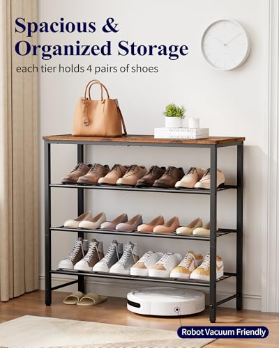 Kitsure Brown Shoe Rack for Closet, 29.5-Inch Wide, 4 Tiers, Rustic Storage