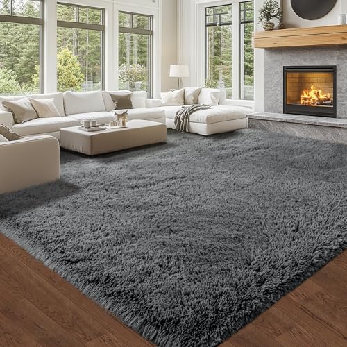 Grey 8' x 10' Fluffy Shag Area Rug for Living Room - Soft Microfiber Plush Carpet