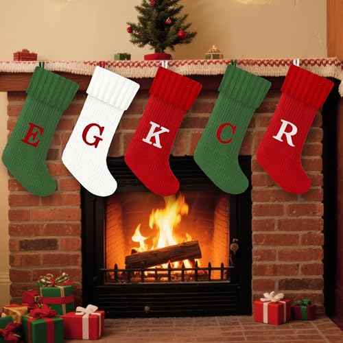 Christmas Stockings with Initials, 20-Inch Personalized Embroidered Monogram Knit Christmas Stocking,Large Cable Letter Knitted Christmas Stockings for Fireplace Family Christmas Decorations(S,White)
