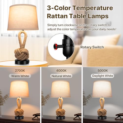 2-Pack 22-Inch Hemp Rope Bedside Lamps with USB Ports, 3-Color Temperatures, Rattan Nightstand Lights