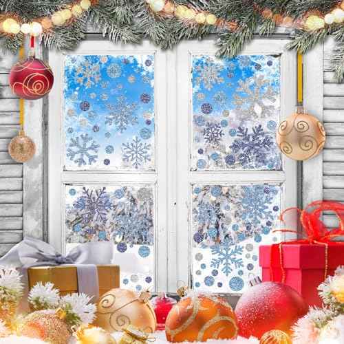 Zhanmai 200 Pcs/ 10 Sheets Christmas Snowflakes Wall Decals Window Clings Blue Silver Snowflake Stickers Peel and Stick Wall Ornament for Winter Removable Christmas Holiday Crafts Supplies