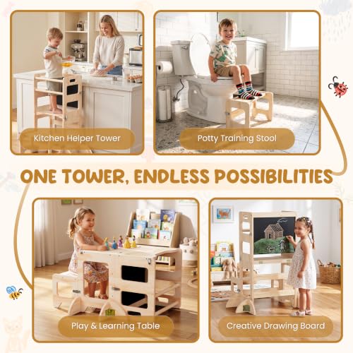 Cravenook Natural 4-in-1 Toddler Kitchen Step Stool & Learning Tower