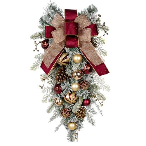 Arborus Burgundy Teardrop Swag 30" Front Door Christmas Decor with Pine Cones & Berry Clusters