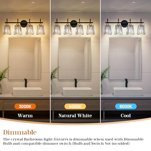 Crystal Bathroom Light Fixtures Over Mirror Black Gold 4-Lights Vanity Wall Sconces with Ceramic E26 Base - Modern Style