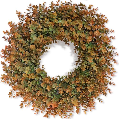 26-Inch Large Fake Eucalyptus Fall Wreath for Front Door Decor - Orange & Green - Variation of THIS listing