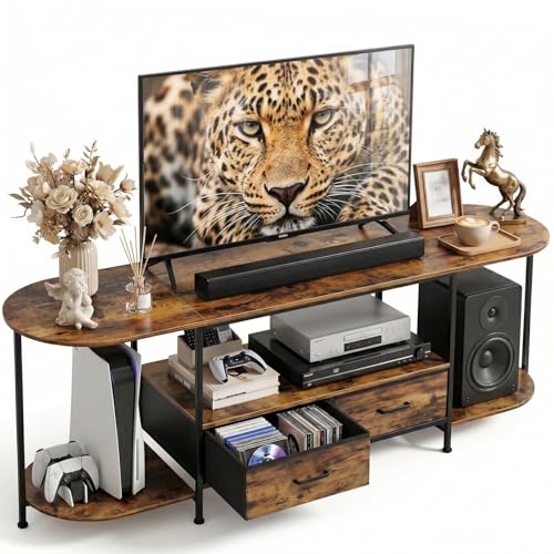 Faesun 63-Inch Modern TV Stand for 65-75 Inch TVs with Curved Edge & Fabric Drawers, Rustic Brown