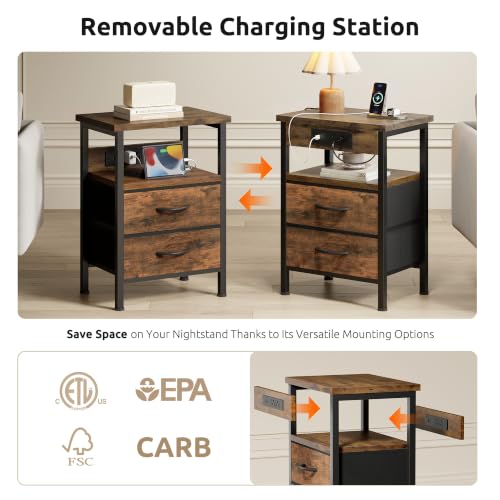 Lazzanto Rustic Brown Nightstand with Charging Station, 2 Drawers