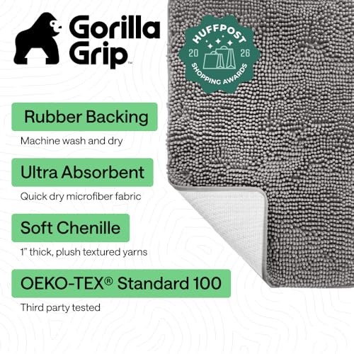 GORILLA GRIP Gray 48x24 Inch Absorbent Chenille Bath Rug Mat - Ultra Soft & Quick-Drying