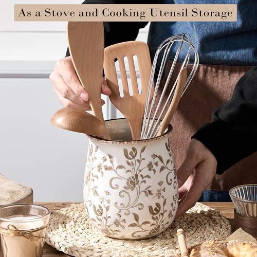 Jemirry Ceramic Utensil Holder for Kitchen Counter with Brown Flower Patterns - Farmhouse Decor