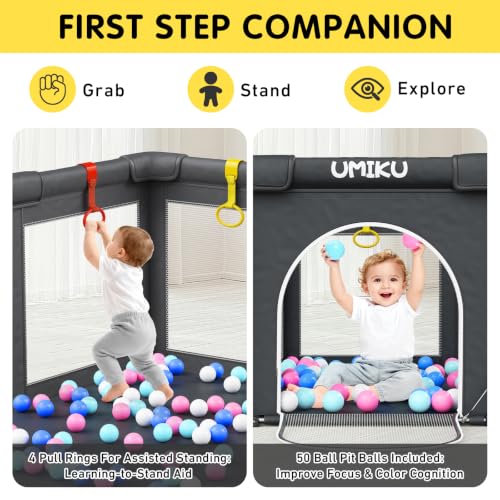 Baby Playpen Foldable 50x50 Inches with Mesh Sides & Dual-Access - Dark Grey