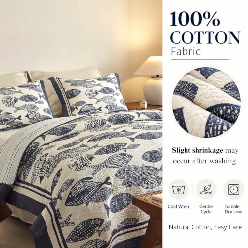 Navy Fish Cotton Quilt Set with Shams - King, Coastal Nautical Bedding