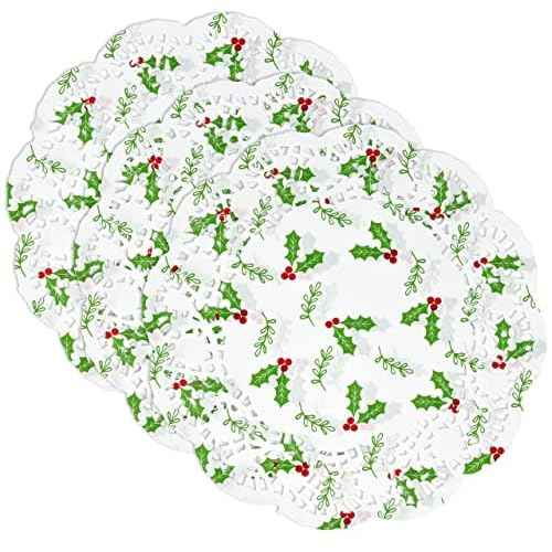 Gift Boutique - 100 Christmas Paper Doilies 10" Disposable Round White Lace Doily with Green Holly Leaves and Red Berries for Xmas Holiday Crafts Wedding Accent & Dinner Table Decorations