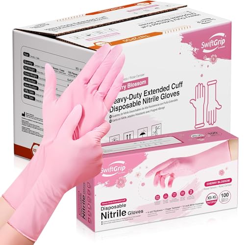 SwiftGrip Disposable Nitrile Cleaning Gloves Small 6-mil Cherry Blossom - 12 Inch Cuffs