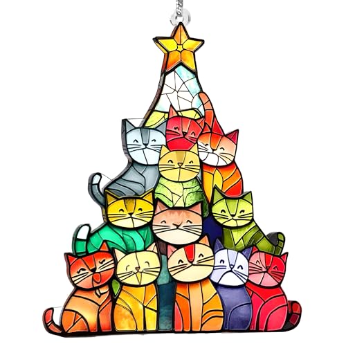 Cat Christmas Ornament 2025, Acrylic Cute Cat Ornaments for Christmas Tree, Cats Suncatcher, Cats Lovers Gifts for Women, Unique Ornaments for Pet Lovers, Funny Holiday Decor (Rainbow Cat)