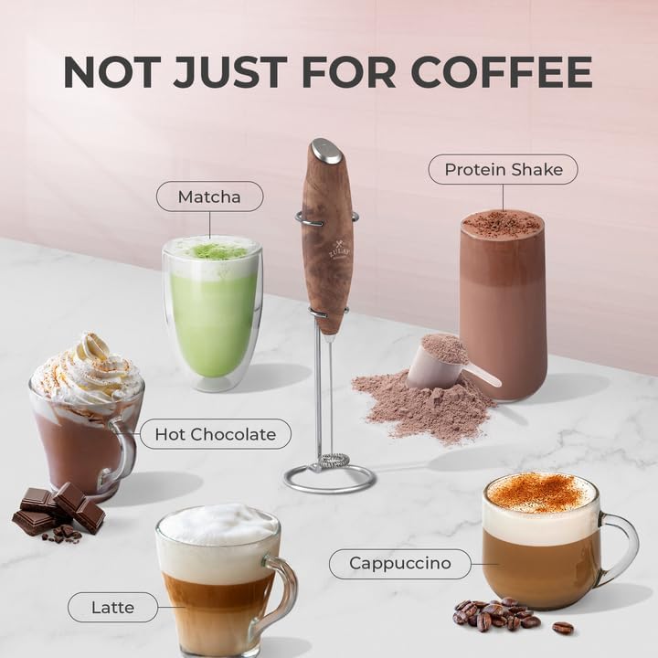 Zulay Kitchen Milk Frother Wand - Ultra-Fast Handheld Drink Mixer with 4 AA Batteries - Walnut Finish
