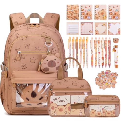 Similove Brown Capybara School Backpack & Stationery Set for Girls - Lunch Box & Pencil Case Included