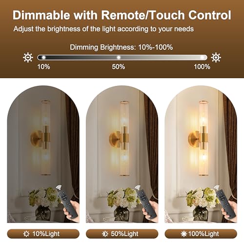 Gold Battery Operated Wall Sconces Set of Two Dimmable Rechargeable Lighting with Remote