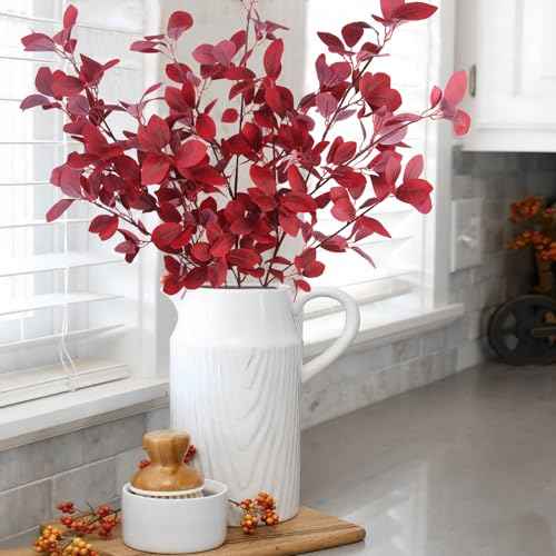 CISDUEO 3 Pcs Artificial Fall Maple Leaves Branches With Stems - Autumn Eucalyptus for Thanksgiving Home Indoor Kitchen Festival Table Centerpieces Decoration - Red