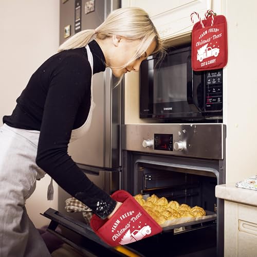 YeiHe Farm Fresh Christmas Trees Red Pot Holders with Pockets, Sdanjxl-15, Heat-Resistant Oven Mitts & Hot Pads for Kitchen Baking & Cooking