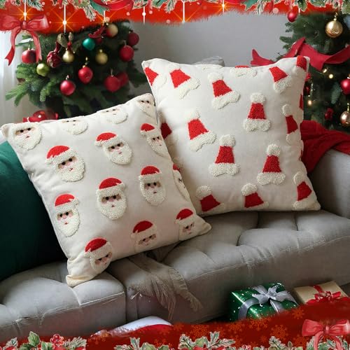 Hahafelt Santa Pillow Covers 18x18 Set of 2 – Handmade Santa Claus Embroidered Christmas Throw
