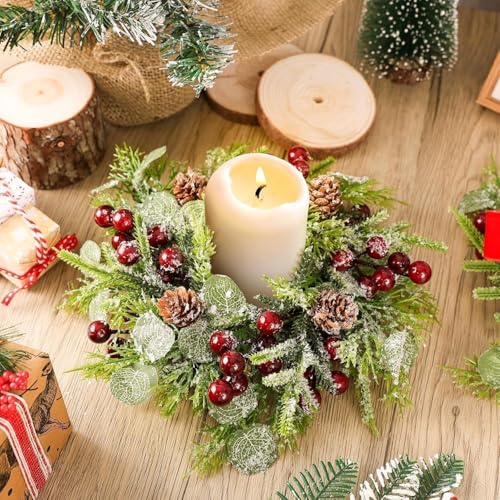8 Pcs Mini Christmas Candle Ring Set for Cabinet - Artificial Wreaths with Berries & Pinecones (YLOLUL)
