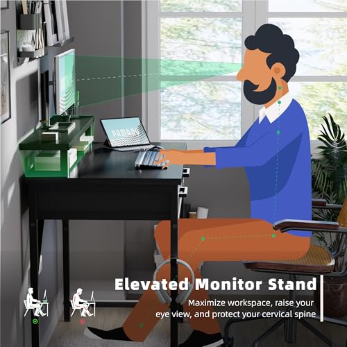 Small Computer Desk with Monitor Stand & Drawers - Black, 32 Inch