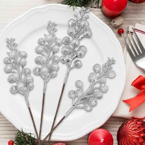 24 Pack 9 Inches Glitter Artificial Berry Stems, 15 Berries per Stem, Christmas Tree Picks Ornaments, DIY Xmas Wreath, Floral Arrangements Home D?cor, Winter Wonderland Decoration (24, Silver, 9 Inch)