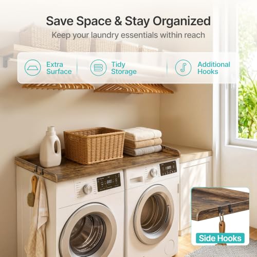 PEGZONE 1-Tier Water-Resistant Countertop Laundry Shelf with Adjustable Hooks, Brown