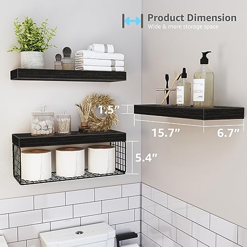 Over Toilet Wall Shelf Set - 3 Black Bathroom Shelves, 15.7 Inches