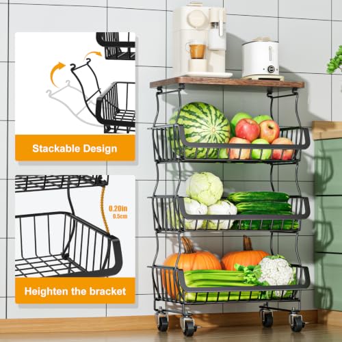 4-Tier Fruit and Vegetable Basket with Wheels - Black, Kitchen Organizer