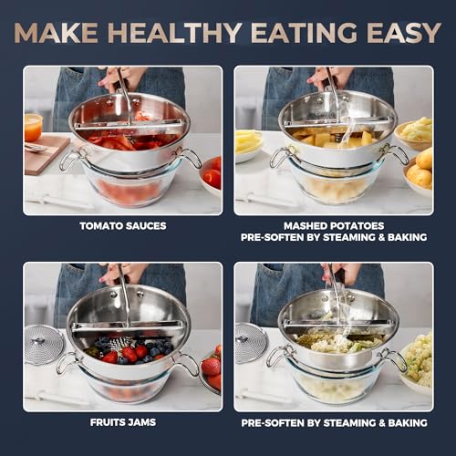 Gemfino Stainless Steel Food Mill with 3 Discs & Blue Silicone Spoon - Durable Hand-Crank Kitchen Tool for Tomatoes, Potatoes, Jams
