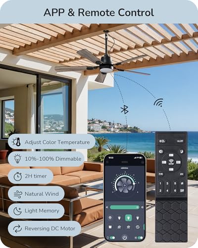 EDISHINE 52-Inch Black Outdoor Ceiling Fan with Light & Remote, 5200 CFM, 3 CCT