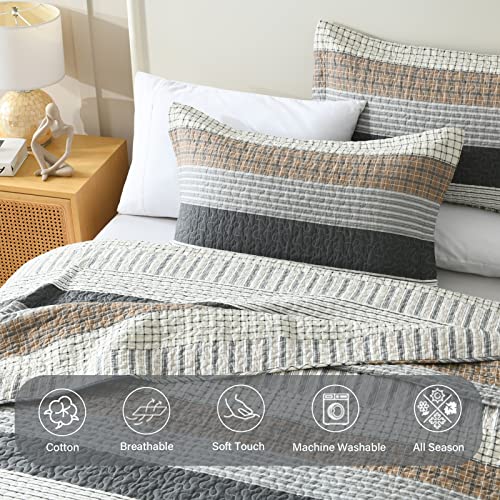 Finlonte Grey/Brown/White Queen Cotton Quilt Set 3 Pieces All-Season Farmhouse Bedding