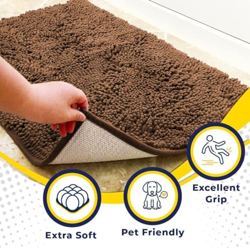 Chocolate Brown Microfiber Door Mat & Pet Rug 4-Piece Absorbent, Non-Slip Chenille