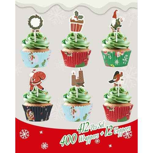 400 Pcs Christmas Cupcake Liners with 12 Pcs Cupcake Toppers, Mini Cupcake Liners, Mini Muffin Liners for Xmas Party, Baby Shower, Christmas Holiday, Birthday Party