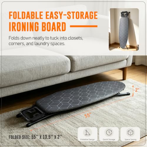 Full Size Foldable Ironing Board with Adjustable Height & Iron Rest - Gray Steel Mesh Surface