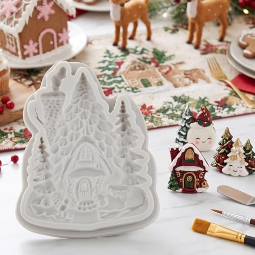 YANQINMS 3D Christmas Cottage Fondant Mold Snowy Pine Tree Silicone Mold - Style L