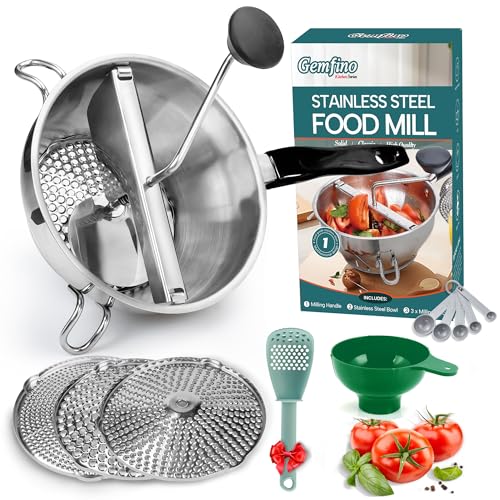 Gemfino Stainless Steel Food Mill with 3 Discs & Blue Silicone Spoon - Durable Hand-Crank Kitchen Tool for Tomatoes, Potatoes, Jams