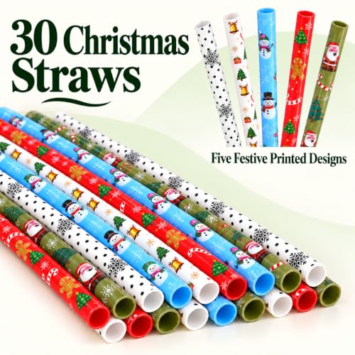 Christmas Reusable Plastic Drinking Straws - 30 Pack, 9 Inch Hard Straws with Designs