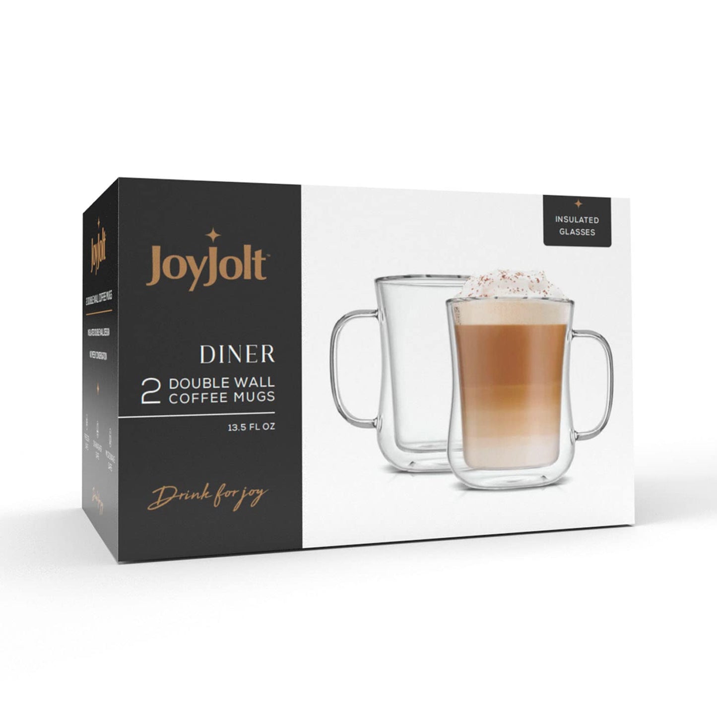 JoyJolt Double Wall Glass Coffee Mugs - 13.5oz Diner Mug Set of 2. Insulated, Clear Glasses That Don't Sweat, Perfect for Cappuccino, Latte, BV174