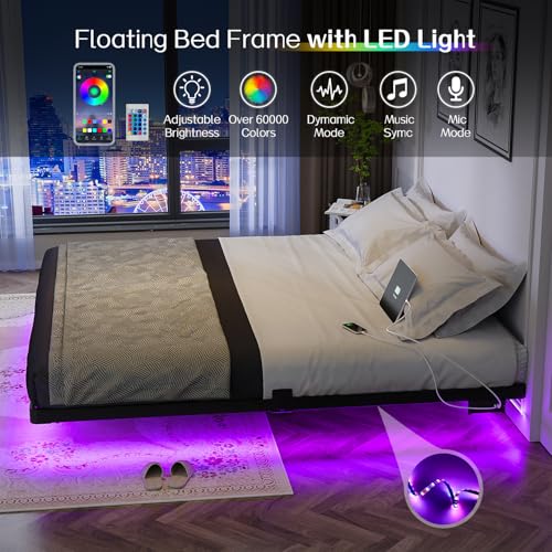 King Size Floating Bed Frame with LED Lights & Charging Station - Metal Support