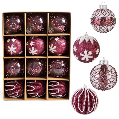 Burgundy Christmas Ornaments Set 12 pcs 3.15-inch Glitter Holiday Hanging Balls