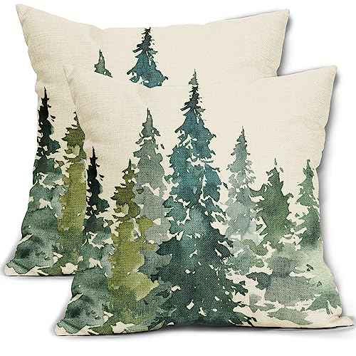 Watercolor Dark Green Teal Tree Pillow Covers 16x16 Set of 2 Rustic Nature Forest Decorative Throw Pillows Winter Christmas Outdoor Farmhouse Linen Cushion Case Decor for Sofa Couch Bed