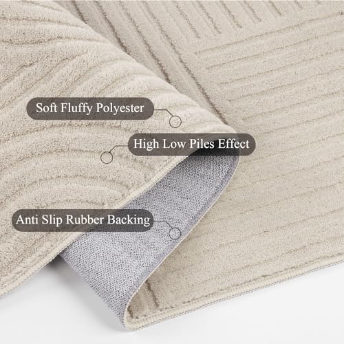 Beige 6'x9' Fluffy Geometric Area Rug with High-Low Pile - Non Slip Washable Modern Scandinavian Carpet for Living Room Bedroom