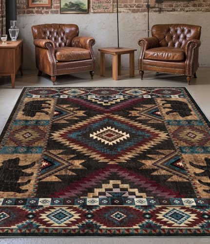 Bear 5x7 Washable Rustic Cabin Area Rug - Non Slip, Pet Friendly, Low Pile