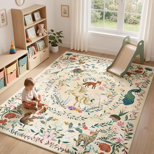 jinchan 8x10 Kids Playroom Rug Washable Woodland Whimsical Unicorn,
