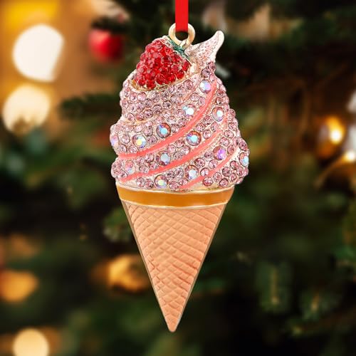 D24TIME Ice Cream Ornaments for Christmas Tree - Metal Ice Cream Strawberry Ornament Decoration Gift for Women Kids Pink Dessert Christmas Ornaments Home Xmas Party Decor